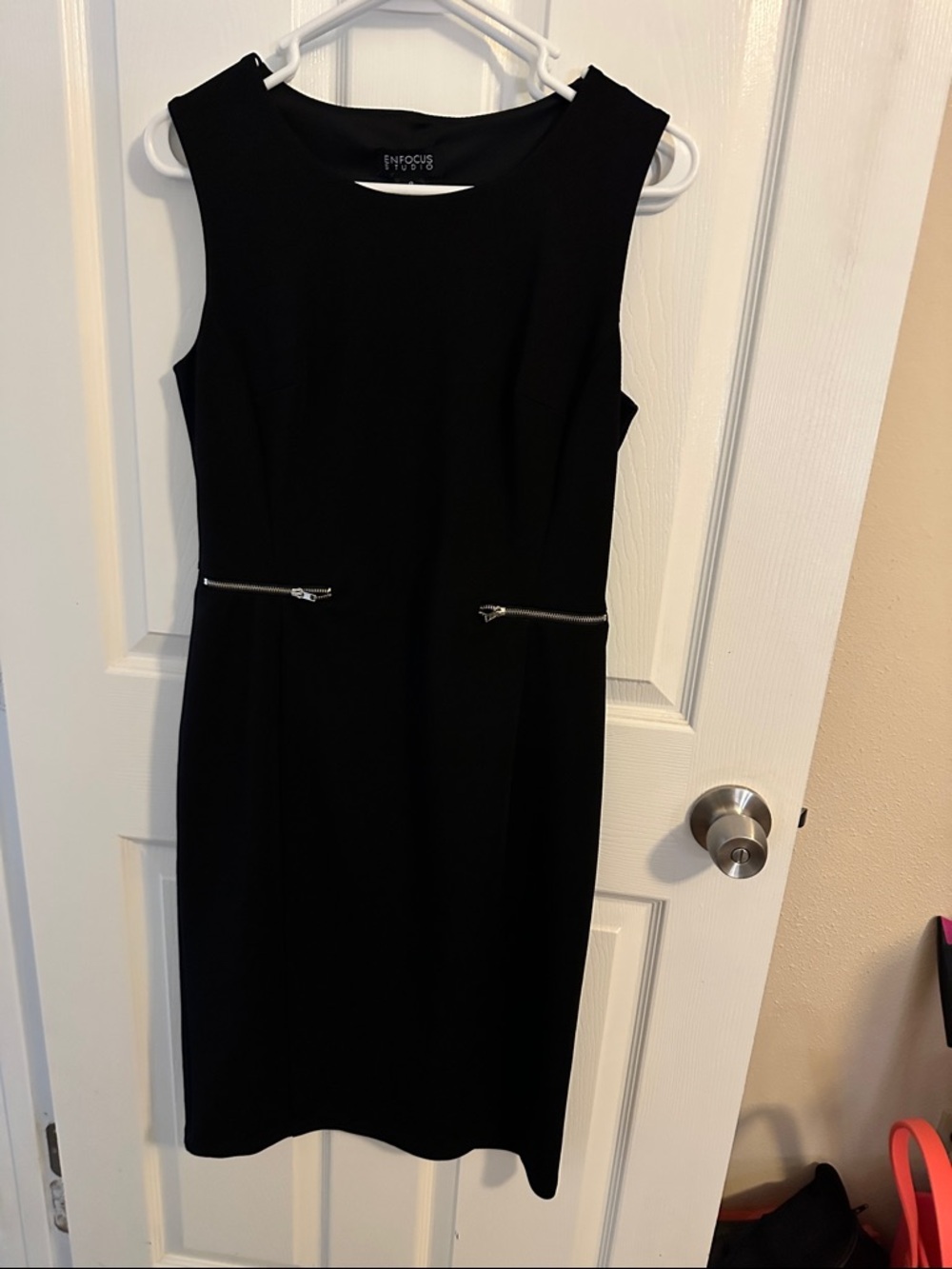Enfocus Studio Black Sleeveless Sheath Dress with Silver Zip Accents